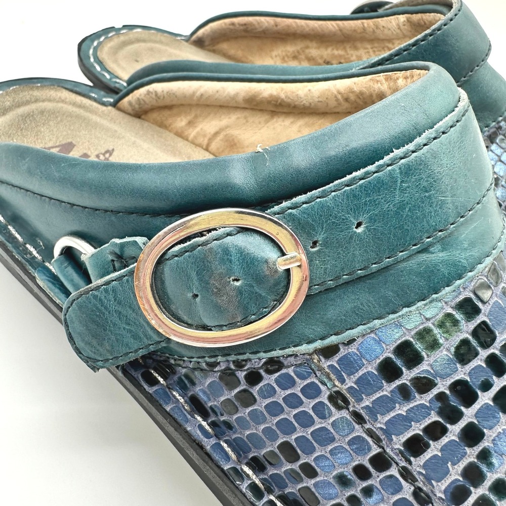 Alegria Seville Blue Teal Mosaic Snakeskin Leather Clogs Swivel Strap 40/9.5-10 - Picture 3 of 11